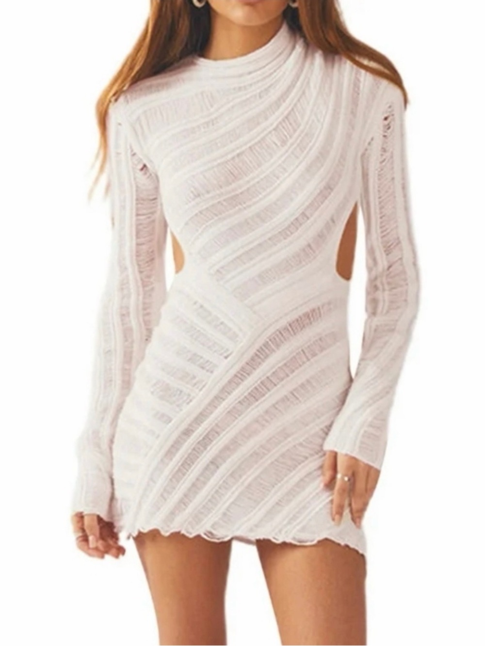 Asymmetrical White Cutout Long-Sleeve Mini Dress